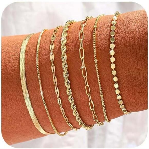 Gold Plated Stackable Bracelets Set for Women Waterproof Dainty Jewelry - Picture 1 of 8